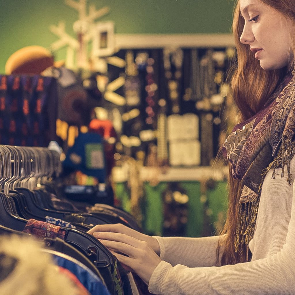 long red hair girl cloth rack shopping